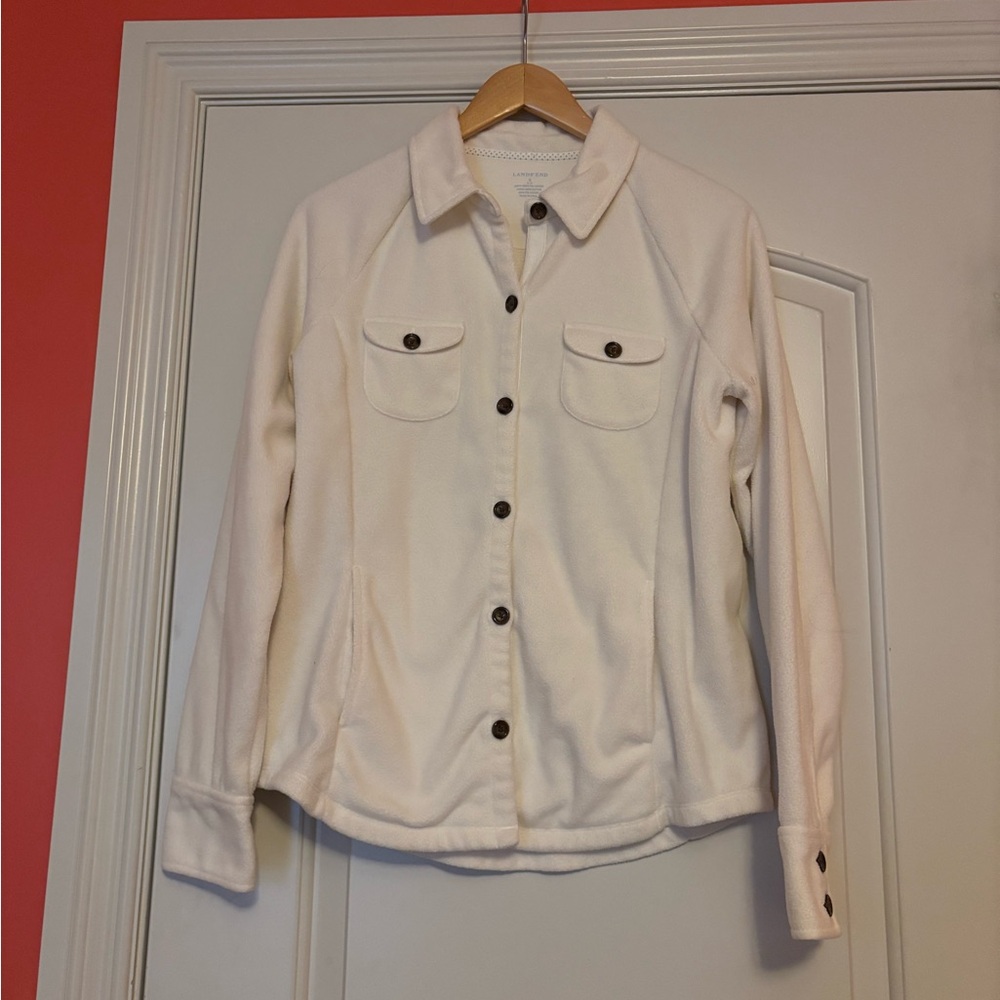 LANDS END Women’s Small Women's Cream Button-Up Fleece Jacket